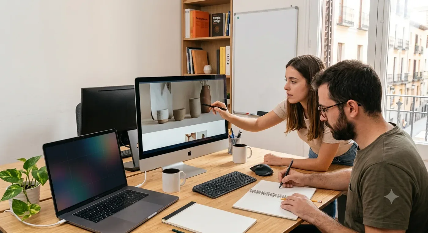 Dos personas trabajando en el diseño de una web frente a un ordenador.